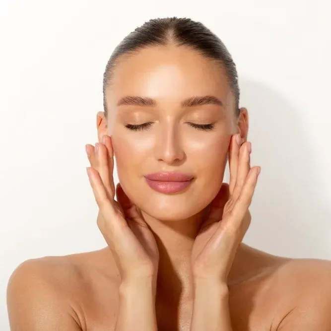 Client with hands resting against the face after treatment, photographed against a bone backdrop